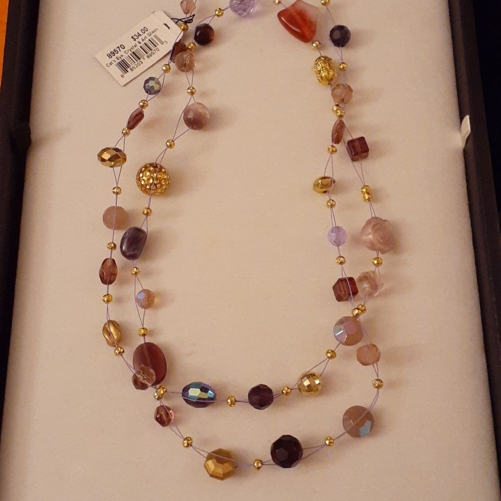 Cookie Lee Cat's Eye Necklace Crystal & Art Glass Beaded‎ Strand 20" long